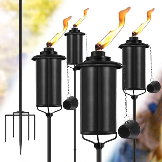 4-Pack Garden Metal Torches, 60 Upgraded Citronella Torches with 5-Prong Grounded Stakes, 16 oz Heavy-Duty Outdoor Torch Lights for Patio, Pathways, and Parties (Ultra-Stable Design)