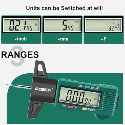 Image of GODESON Tire Tread Depth Gauge - Large LCD Screen with Inches /Millimeters /Fraction Units, Zero Reset Function, Digital Tire Depth Gauge for Car, Truck, SUV, Green Tread Wear Measurement - 0-25.4mm
