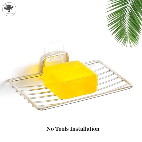 Image of Sulfar Soap Dish Holder,Self Adhesive Wall Mounted Soap Sponge Holder Stainless Steel Storage Saver Rack for Home Kitchen Bathroom Shower (Silver)
