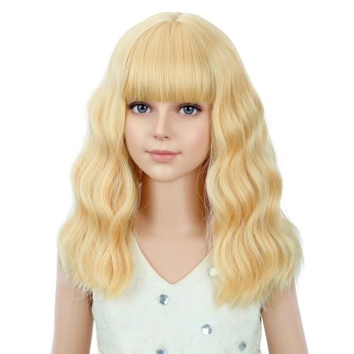 Image of PATTNIUM Light Blonde Wig for Kids Girls Short Butter Blond Curly Wigs with Bangs Shoulder Length Wavy Heat Resistant Synthetic Wig