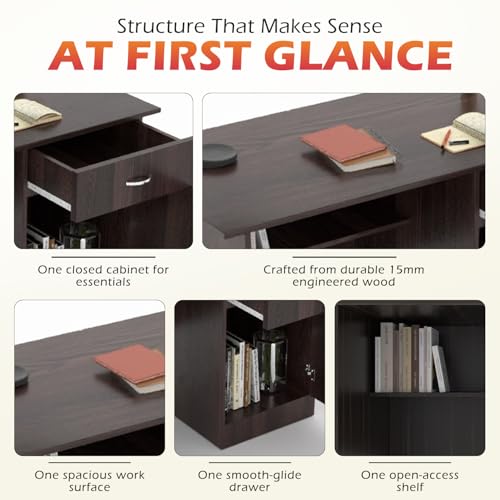 Image of 120x60x75cm Engineered Wood Study & Office Table with 1 Drawer & Cabinet | Termite & Scratch Resistant, Ample Leg Space, Sturdy Desk for Students | 1 Year Warranty- Teak Walnut