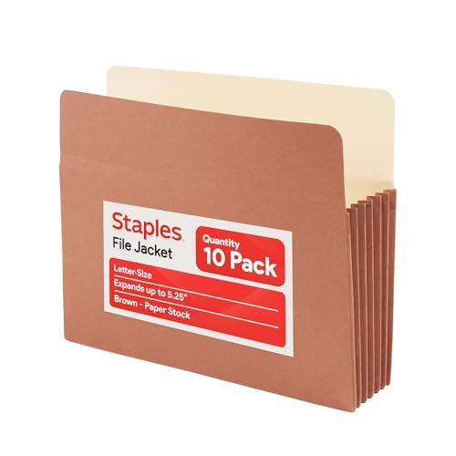 Staples Reinforced File Pockets, Letter Size, Expands Up to 5.25", Heavy‑Duty Brown Accordion Folders with Strong Gussets – 10/Pack