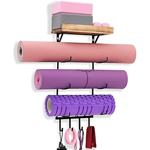 UMINEUX Yoga Mat Holder Wall Mount, Wall Rack for Home Gym Decor, Gym Equipment Organizer with Wood Floating Shelves and 4 Hooks for Yoga Accessories Cover