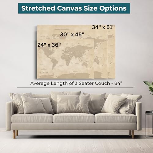 Image of Vintage Canvas Travel Pin Map of the World - Extra Large Antique Style World Map with Pins - Personalized Framed Wall Art - Gallery Wrap - 34 inch x 51 inch