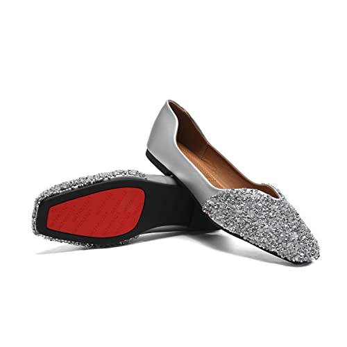 Fsfdamai Women Rhinestone Flats Silver,Square Toe Bling Glitter Dressy Casual Bridal Wedding Sparkly Comfortable Shoe(Silver,9.5) #TOP6