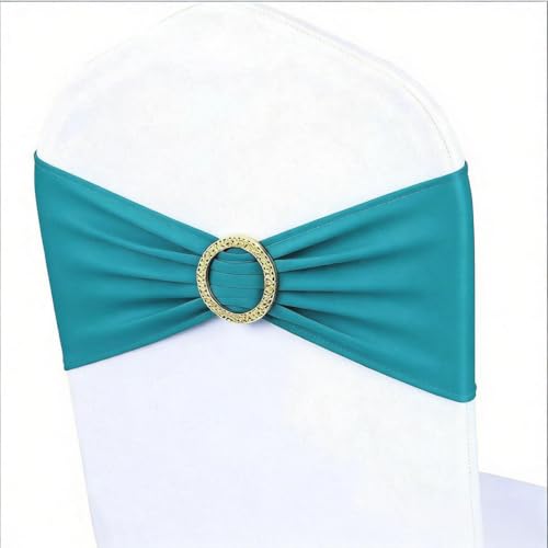 Image of Turquoise Chair Sashes 50 Pack, Spandex Turquoise Chair Bows with Gold Buckle for Wedding Decoration, Teal Chairs Bands for Party Banquet Gender Reveal Decor