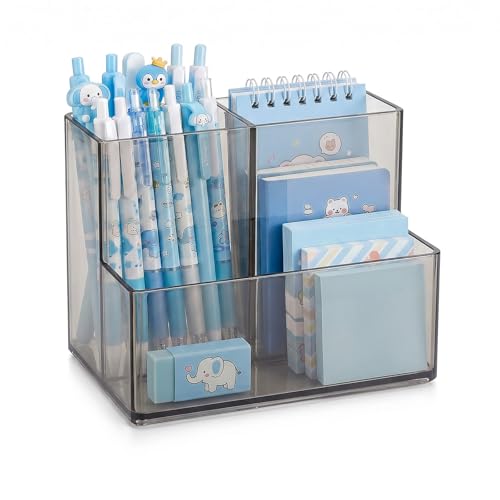 SAYEEC Pen Holder for Desk Acrylic Dry Erase Marker Holder with 2 Magnetic Stickers 3 Compartments Clear Grey Makeup Brush Organizer Pencil Cup Caddy Locker Organizer for Office Home Fridge Whiteboard
