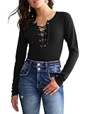 Anbech Women's Lace Up Front Tops Sexy V-Neck Drawstring Blouse Solid Color Long Sleeve Fall Shirt(L-Black1)