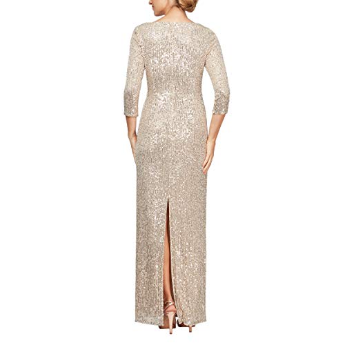 Alex Evenings Women's 3/4 Sleeve Long Dress With Cinched Tie Waist, Taupe Sequin, 8 #TOP1