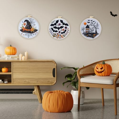 Image of LB Halloween Embroidery Kit for Beginners Adults, 3 Sets Hand Embroidery Starter Kit with Gothic Bat Pattern and Instructions Stamped Cross Stitch Kits Include Embroidery Hoop Needles Threads Scissors