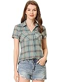 Allegra K Women's Cotton Classic Button Down Western Plaid Shirt Medium Grey Blue