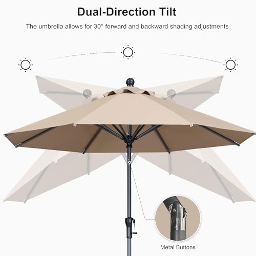 Image of PURPLE LEAF Patio Market Umbrella 9' Round Dual Tilt Taupe 8 Ribs Table