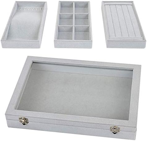 MILIJIA Stackable Jewelry Tray with Glass Lid, Drawer Insert Display Show Case, Dresser Organizer for Ring Stud, Necklace Holder Storage Box Chest, Light Grey