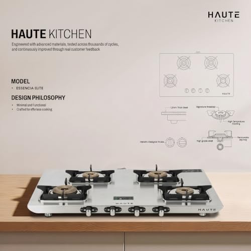 Image of Haute Essencia Elite series 4 Burner Manual Gas Stove | 1.2 MM Stainless Steel body 5 year warranty| Door Step service | 2 year product Warranty by Haute Home