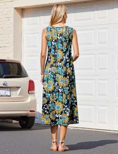 Image of HOTOUCH Summer Casual Dresses for Women Sleeveless Midi Dress Swing Tank Sundress Pleated Tshirt Dress with Pockets