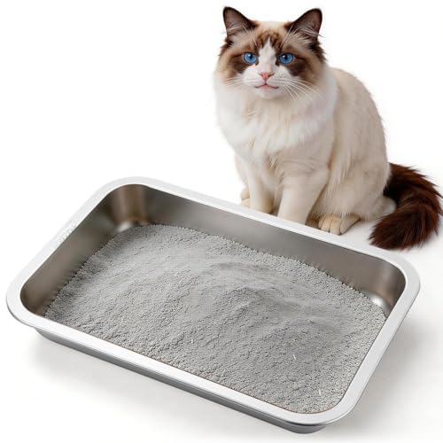 Arenero de acero inoxidable para gatos, diseño abierto y acceso bajo miniatura 1