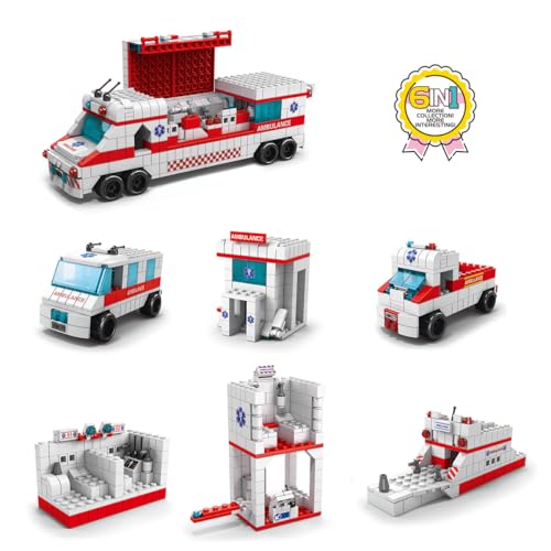 Image of SKY LINE OCEAN 6-in-1 Ambulance Building Block Set Toys | STEM Kit for Kids | Build Rescue Ambulances & Emergency Vehicles (1000+ Pcs) | Birthday Gift for Boys & Girls || 6 Months Structural Warranty