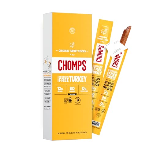 Chomps Original Turkey Jerky Meat Snack Sticks 10-Pack - Keto, Paleo, Low Carb, Whole30 Approved,...