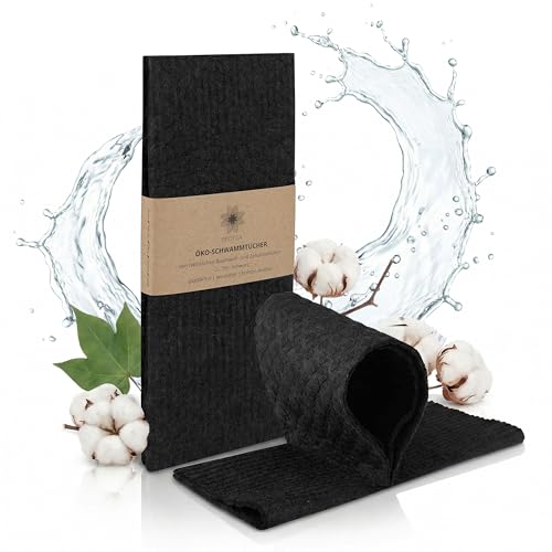 Protea 2er Set ÖKO-Küchentücher & Spültücher kompostierbar - Schwammtücher ökologisch - nachhaltige Reinigungstücher Geschirrtücher - 100% biologisch abbaubar - Made in Germany (Schwarz)