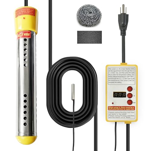 Adjustable Immersion Water Heater 1500W, Portable Stainless Steel Bucket Heater with Thermostat, Auto Shut-Off, Temperature Display, Safety Alarm, Fast Heating for Home, Bath, Camping, RV