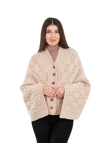 Image of SAOL Aran Poncho 100% Merino Wool for Ladies with Buttons V-Neck Shawl Cardigan