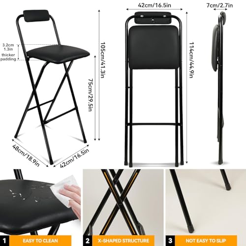 FATOLRD Folding Bar Stool with Back, 1PCS Tall Foldable Stool Chair Portable Collapsible for Adult Stools Counter Height Seat Leather Padded Kitchen Shop Comfortable Sturdy 29.5 Inch