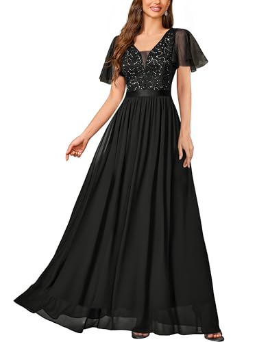 Miusol Women's Elegant Deep-V Neck Ruffle Tulle Sleeve Sequin Lace Formal Maxi Dress