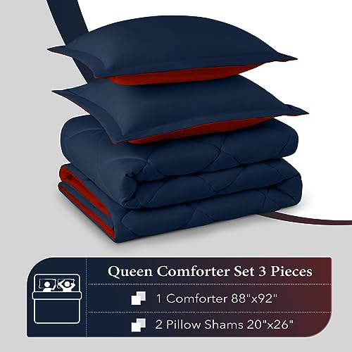 Image of downluxe Queen Comforter Set - Red and Navy Queen Comforter, Soft Bedding Sets for All Seasons -3 Pieces - 1 Comforter (88 inchx92 inch) and 2 Pillow Shams(20 inchx26 inch)