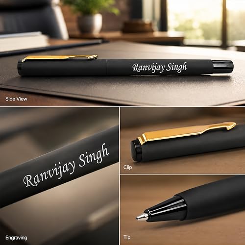 Image of SAVRI Personalized Parker Roller Pen - Name Engraved | Matte Black with Golden Clip | Valentine's Day, Corporate, Birthday Gift for Men, Women, Boss, Husband, Wife, Employee | Blue Ink Pen