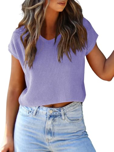 Image of LCXWFE Womens Summer Cropped Sweater Vest Trendy Cap Sleeve Crop Tops Crew Neck Loose Knit Tank Top