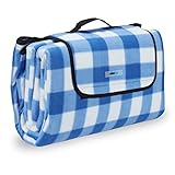 Relaxdays Picknickdecke XXL, 200 x 200 cm, Fleece Stranddecke, wärmeisoliert, wasserdicht, mit Tragegriff, blau-weiß