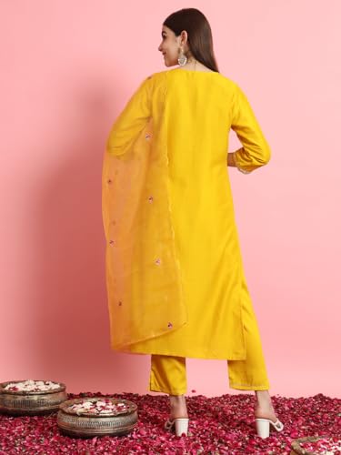 Image of VredeVogel Women's Silk Blend Embroidered Kurta with Pant & Dupatta Set