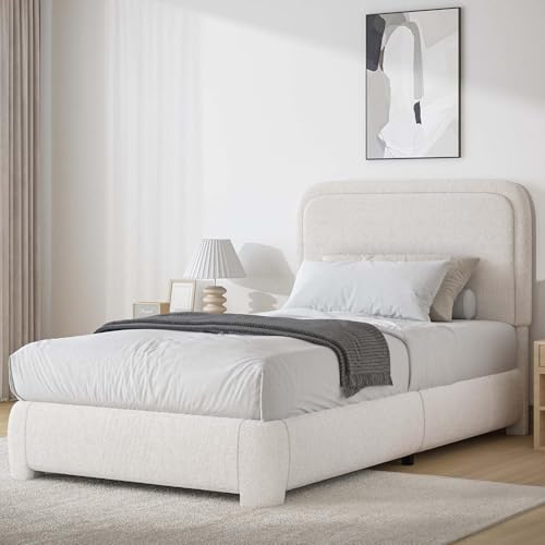 Image of BarnFurin Twin Bed Frame, Cloud Boucle Headboard, Rounded Corners, Beige | Soft boucle and rounded edges create a low-profile cloud look. Wooden slats support the mattress without a box spring