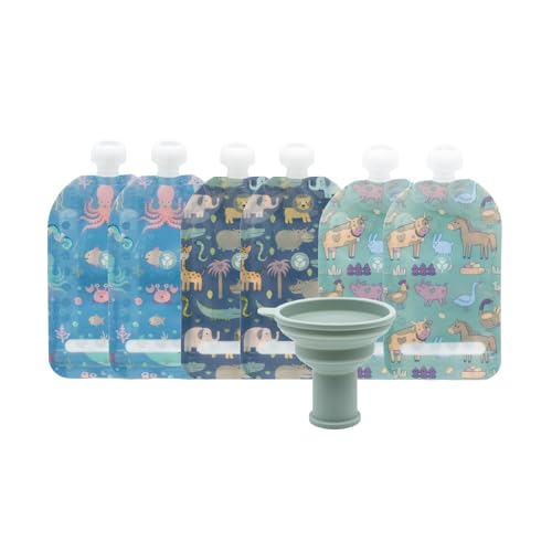 Image of WeeSprout Double Zipper Reusable Food Pouches, Perfect for Babies & Toddlers, Freezer & Dishwasher Safe (Animals, 7 Fl Oz (Pack of 6) + Pouch Filler)
