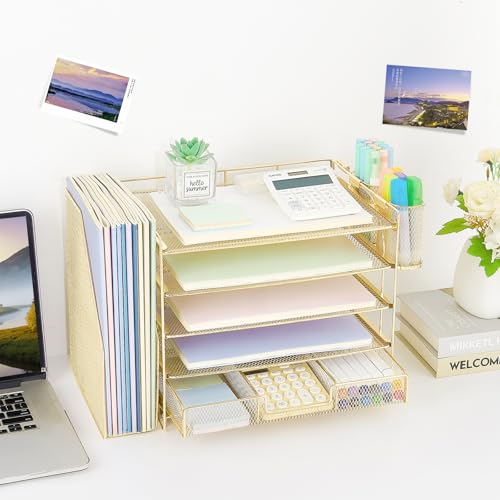 Image of OPNICE Desk Organizer, 5-Tier Paper File Organizer with Drawer & Pen Holder, Office Desk Accessories, Workspace Desktop Organizer for Office Supplies(Gold)