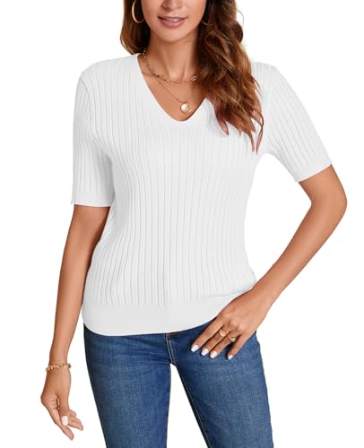 Image of Women Summer Knit Shirt Blouse V Neck Short Sleeve Pullover Sweater Tops