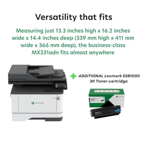 Image of Lexmark MX331adn Black and White Laser All-in-One Printer with Touchscreen, Duplex Printing and Analogue Fax (29S0150) Bundle 55B1000 Black 3K Yield Toner Cartridge