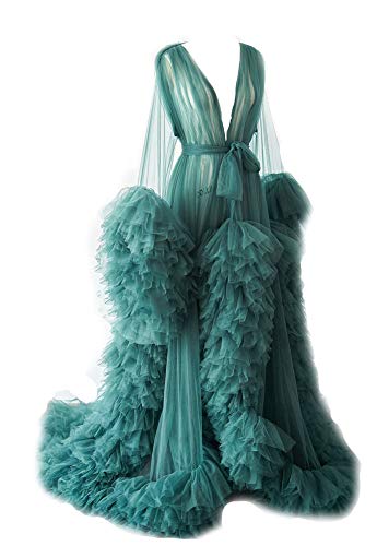 Image of BATHGOWN Sexy Illusion Long Lingerie Tulle Robe Nightgown Bathrobe Sleepwear Bridal Robe Wedding Scarf