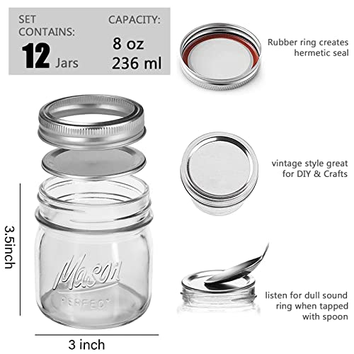 12Pack Mason Jars 8Oz With Airtight Lids And Bands - Regular Mouth Glass Canning Jars, Small Half Pint Mason Jars For Preserving, Pickling, Honey, Jam, Jelly, Kitchen Spice Jars, Diy Gift #TOP1