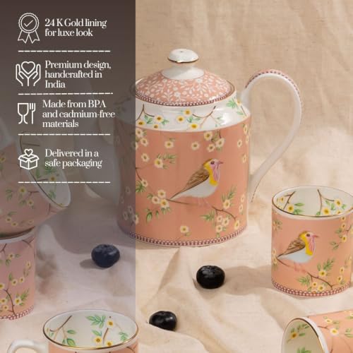 Image of GOLDEN QUEEN'S Handcrafted Tea Cups & Kettle - Set of 6 Cups & 1 Kettle | Ideal for Everyday Tea and Coffee, Hosting Tea Service with Friends & Family - Birdie in Pink