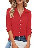 Odosalii Bluse Damen Elegant,Basic 3/4 Ärmel Shirt Leichte Longtops Langarm Musselin Longbluse Rot Party Oberteile Sommer Frühling Festlich Festival Outfit (Rot,Medium)
