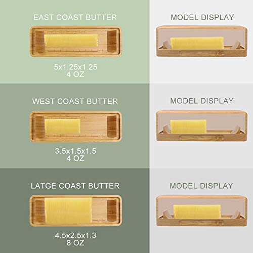 Bamboo Butter Dish with Measurements and Knife by HTB, Smart Covered Butter Keeper, Extended Feet to Keep Butter Mess Off the Table, Easy Scoop Ramps, Magnetic to hold the butter-covered knife