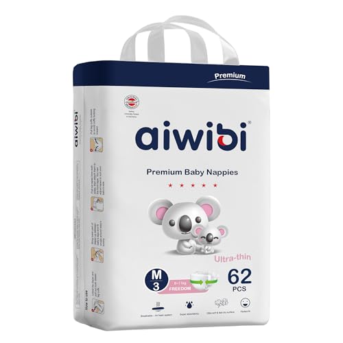 AIWIBI Air Comfort Nappies, Size 3 (6-11kg), 62 Count, Ultra-Soft, Highly Absorbent, Hypoallergenic & Leak-Proof