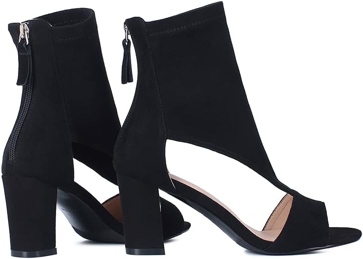 women's peep toe summer booties sandals, black suede cutout T Strap zipper back open toe Pump boots, hollow caged wrap up prom block chunky high heels heeled dress sandals shoes booties - Image 6