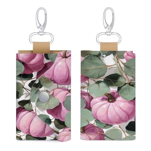 Pink Pumpkins And Eucalyptus Leaves Key Holder Bag PU Leather ID Card Holder Keychains Case Cover for Men Women3