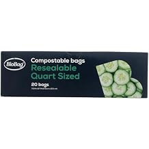 BioBag 100% Certified Compostable Resealable Food Storage Bags, 20 Count, Quart, Perfect for Refrigerator or Freezer