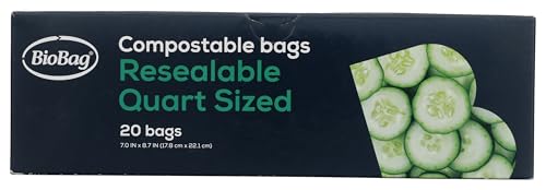 BioBag 100% Certified Compostable Resealable Food Storage Bags, 20 Count, Quart, Perfect for Refrigerator or Freezer