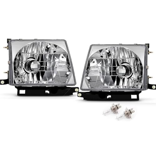 2Pcs Chrome Clear Headlight Assembly For 1997 1998 1999 2000 Toyota Tacoma Halogen Head Light Headlamp with Bulbs Driver & Passenger Side Replace # TO2502120 TO2503120