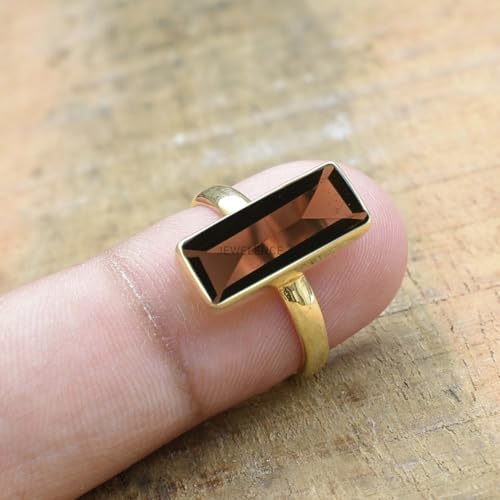 14K Yellow Gold Overlay 925 Sterling Silver Ring For Womens Natural Smoky Quartz Ring Sterling Silver Engagement Ring Bezel Set Gemstone Bar Ring3