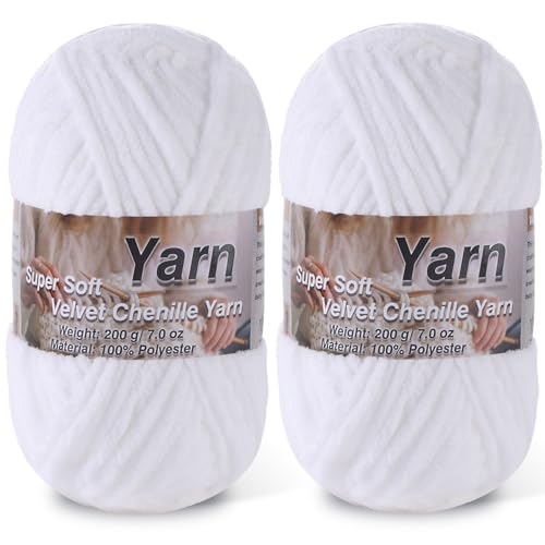 Image of 2 * 200g /7oz Chunky Chenille Yarn for Baby Blanket Yarn for Crocheting - Super Soft Chenille Plush Yarn - Bulk Thick Yarns Used for Making Scarves, Blankets, DIY Craft (White)